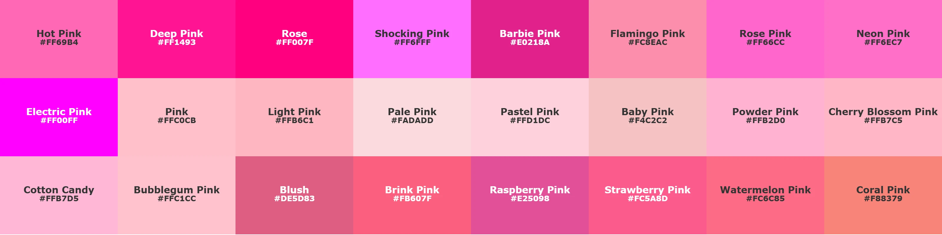 different shades of pink
