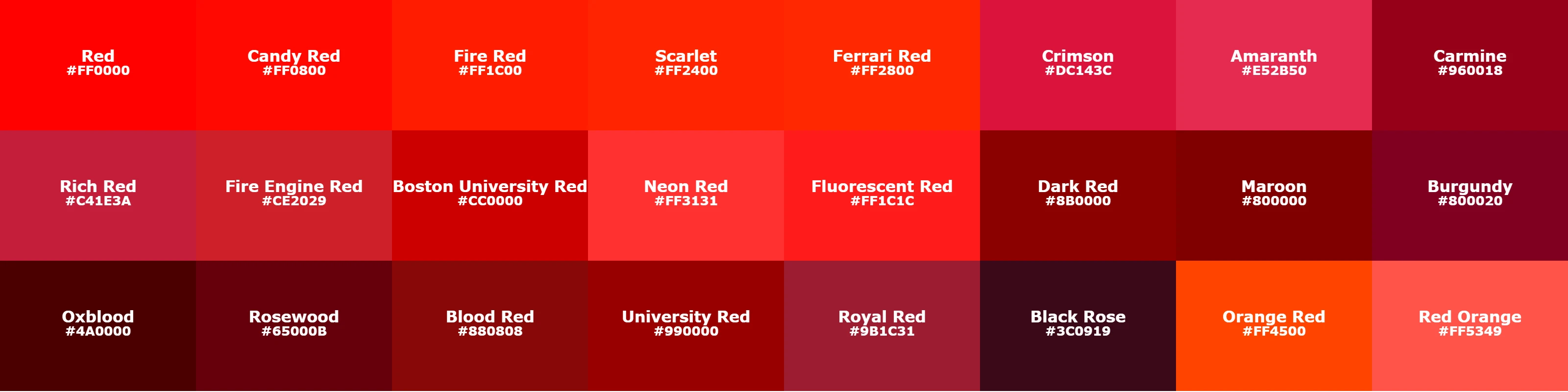 different shades of red